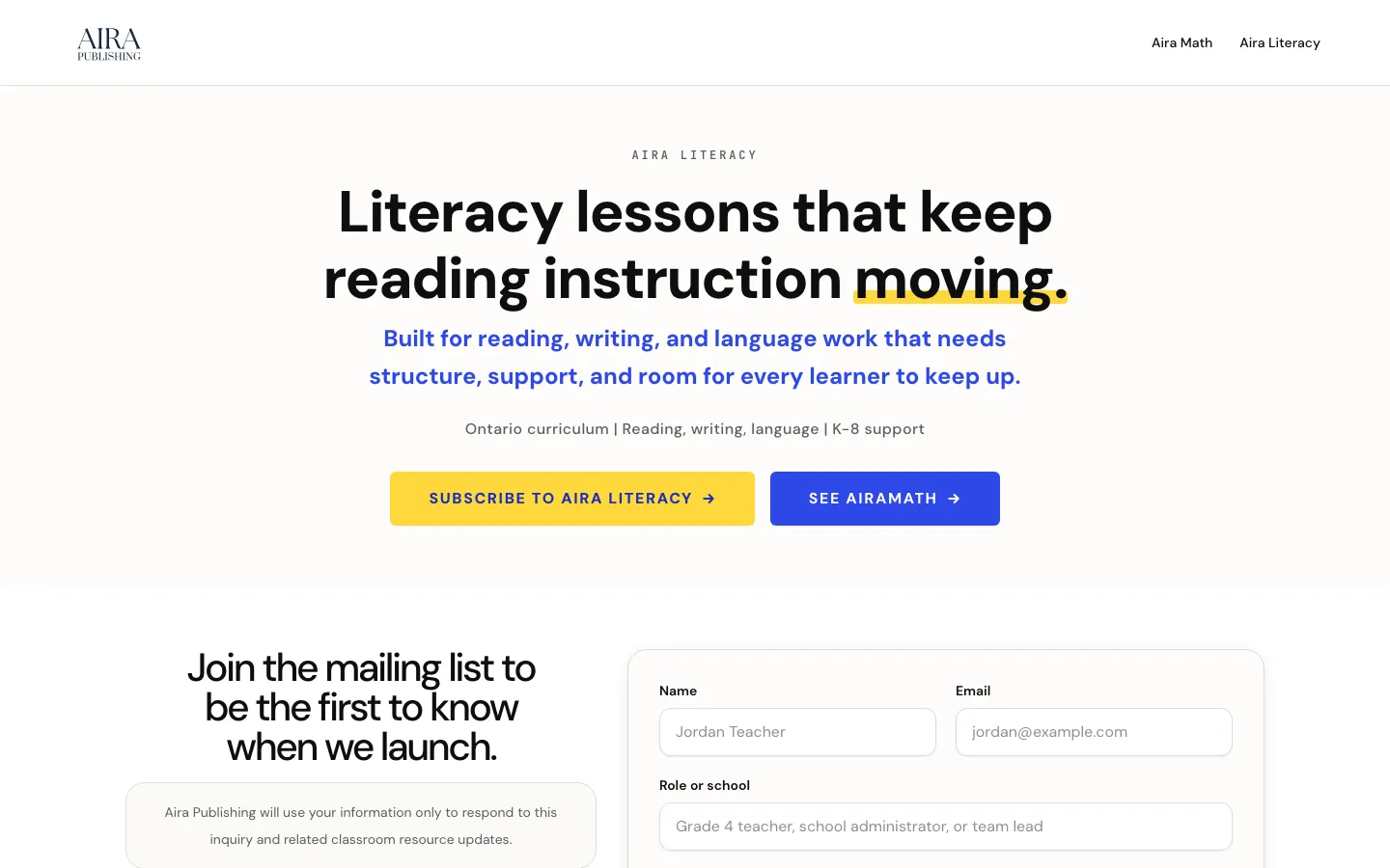 AiraLiteracy product page screenshot on Aira Publishing