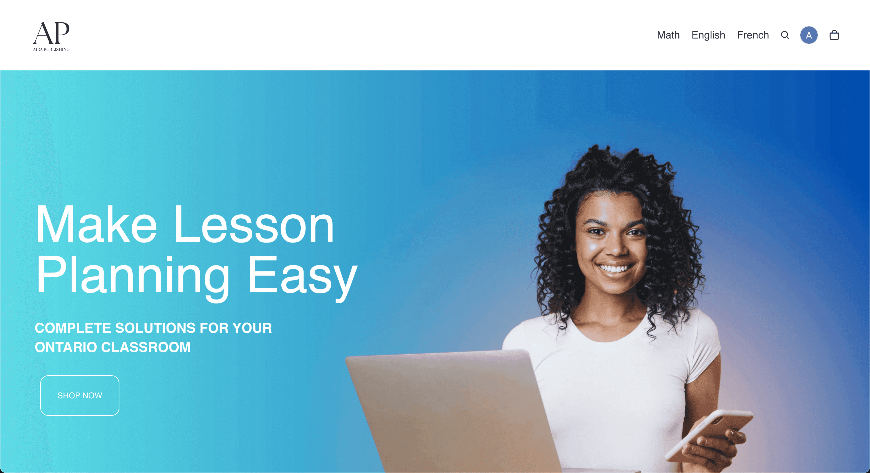 Aira Publishing website showing lesson planning solutions for Ontario classrooms