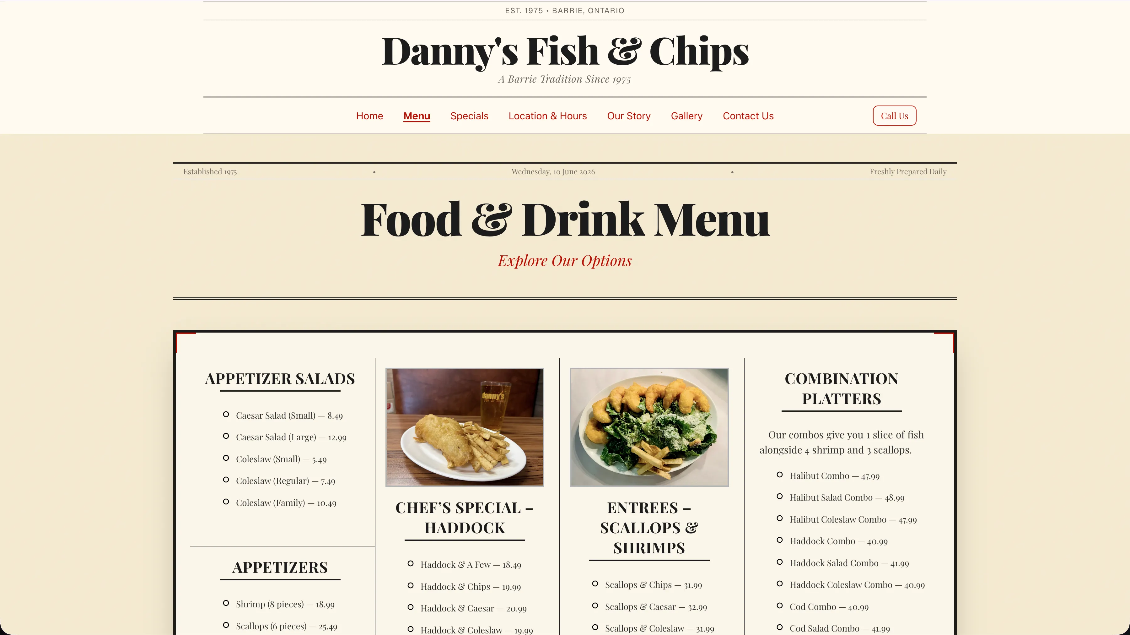 Danny's Fish & Chips food and drink menu page screenshot