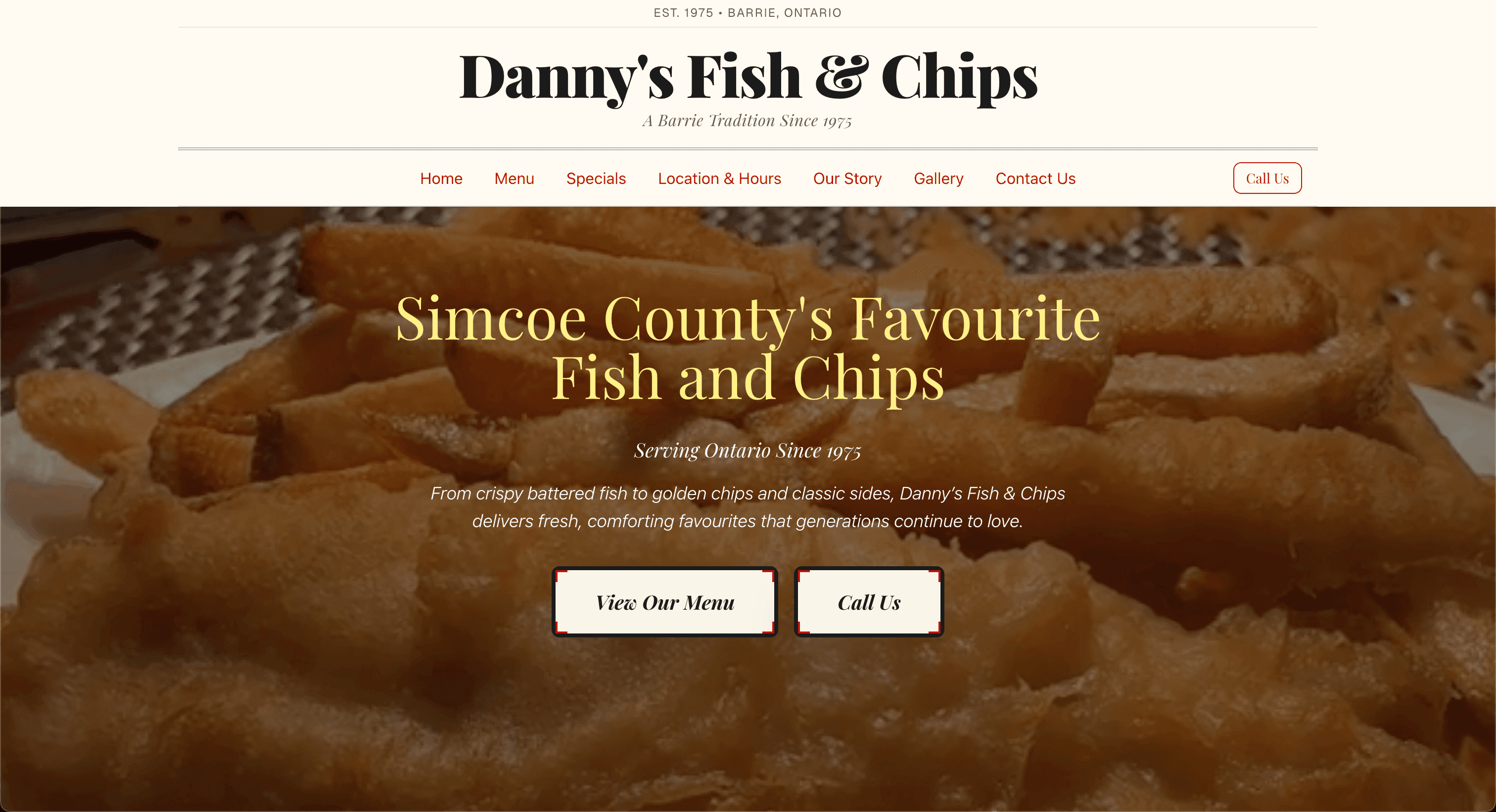 Danny's Fish and Chips website screenshot showing the hero section with golden fish and chips