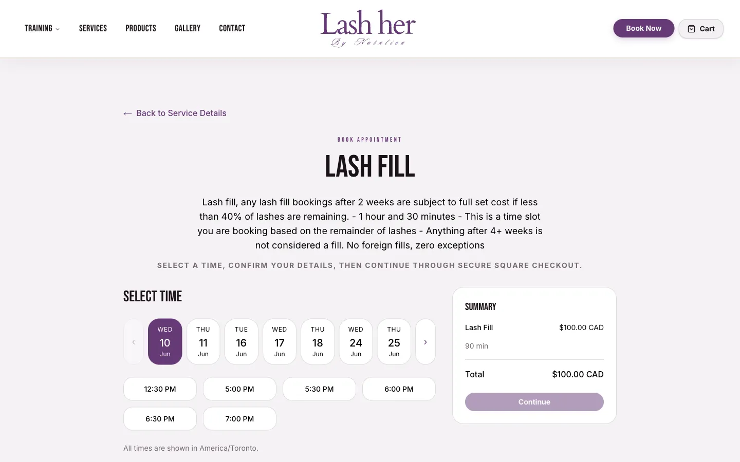 Lash Her lash fill booking page screenshot