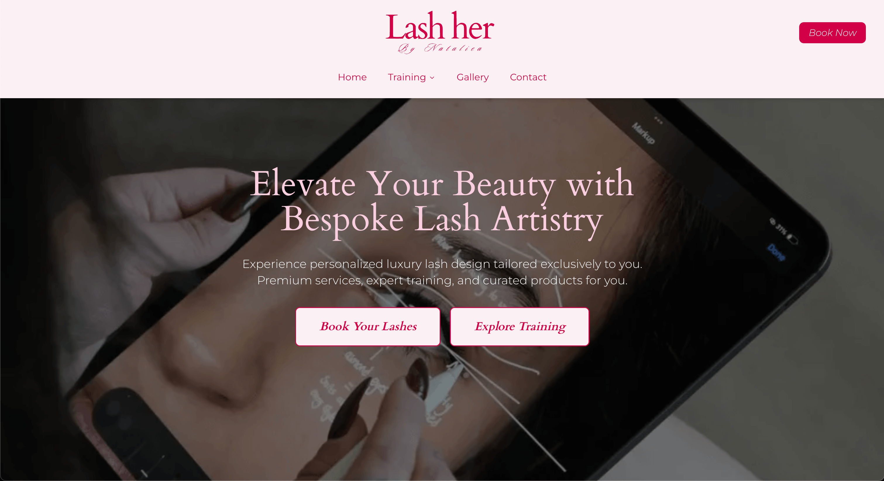 Lash Her website showing luxury lash artistry services and training