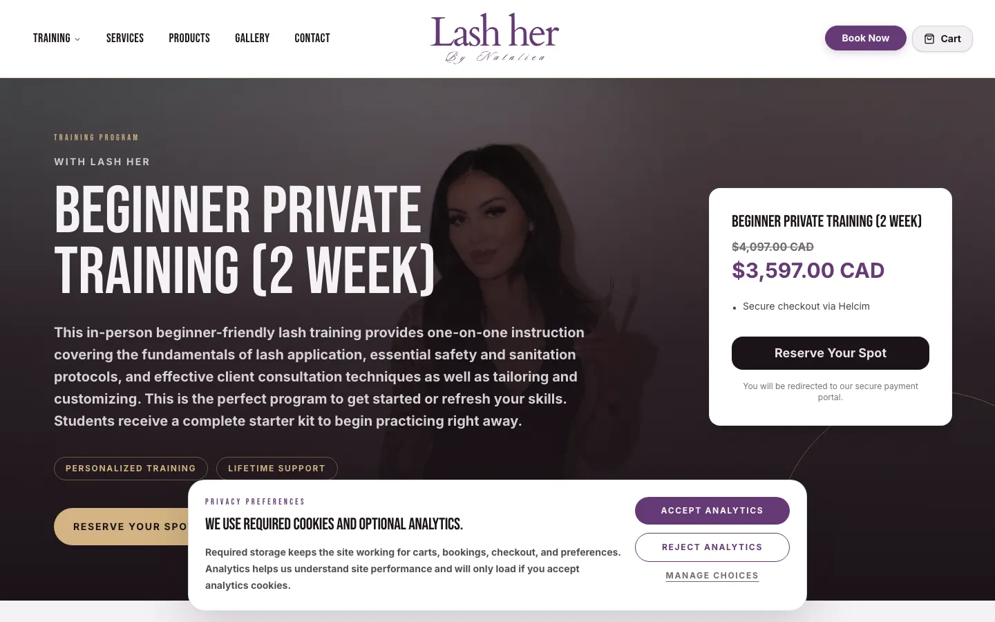 Lash Her beginner private training page screenshot