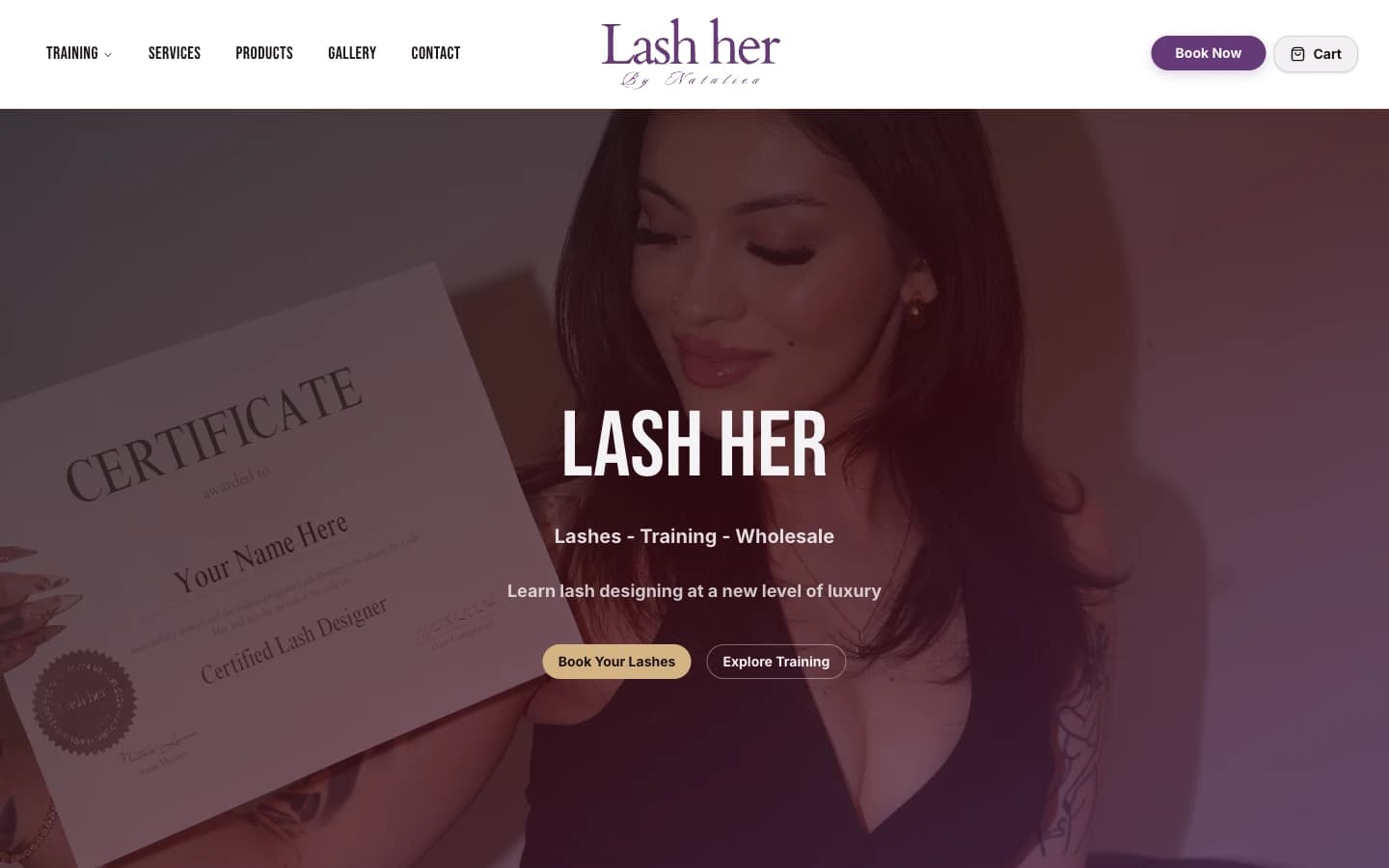Lash Her booking and commerce platform homepage screenshot without contact pop-up